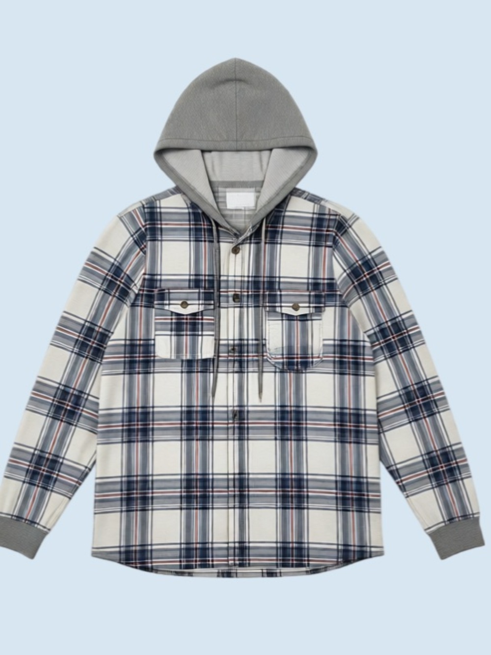 Target Cream and Navy Plaid Hooded Shacket with Gray Hood